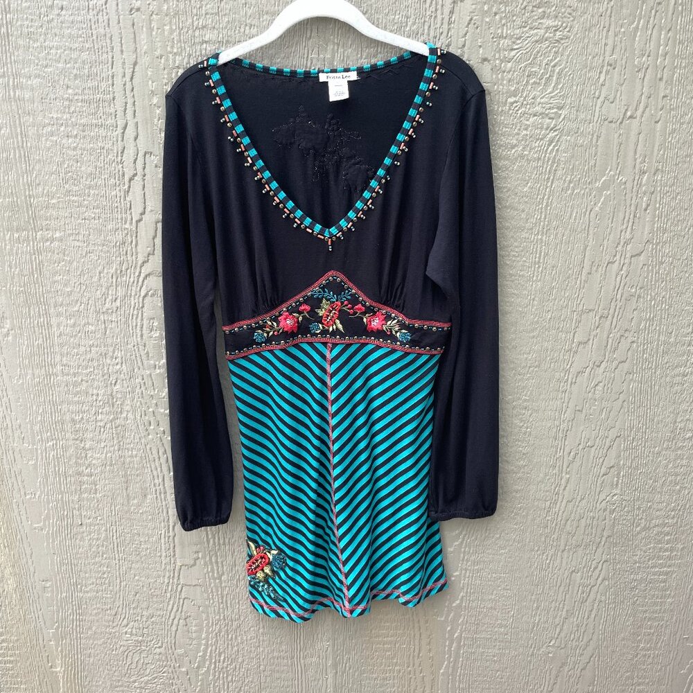 Vtg Krista Lee Dress Size L Embroidered Floral Beaded Long‎ Sleeve V-Neck